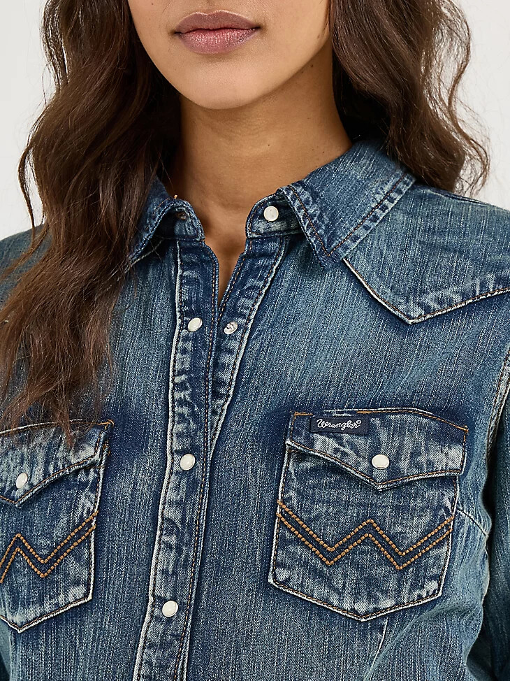 damen langarm-jeansoberteil im western-stil mit druckknöpfen
