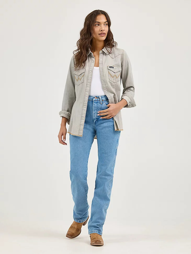 damen langarm-jeanshemd im western-stil mit druckknöpfen und ziernähten an der tasche grau
