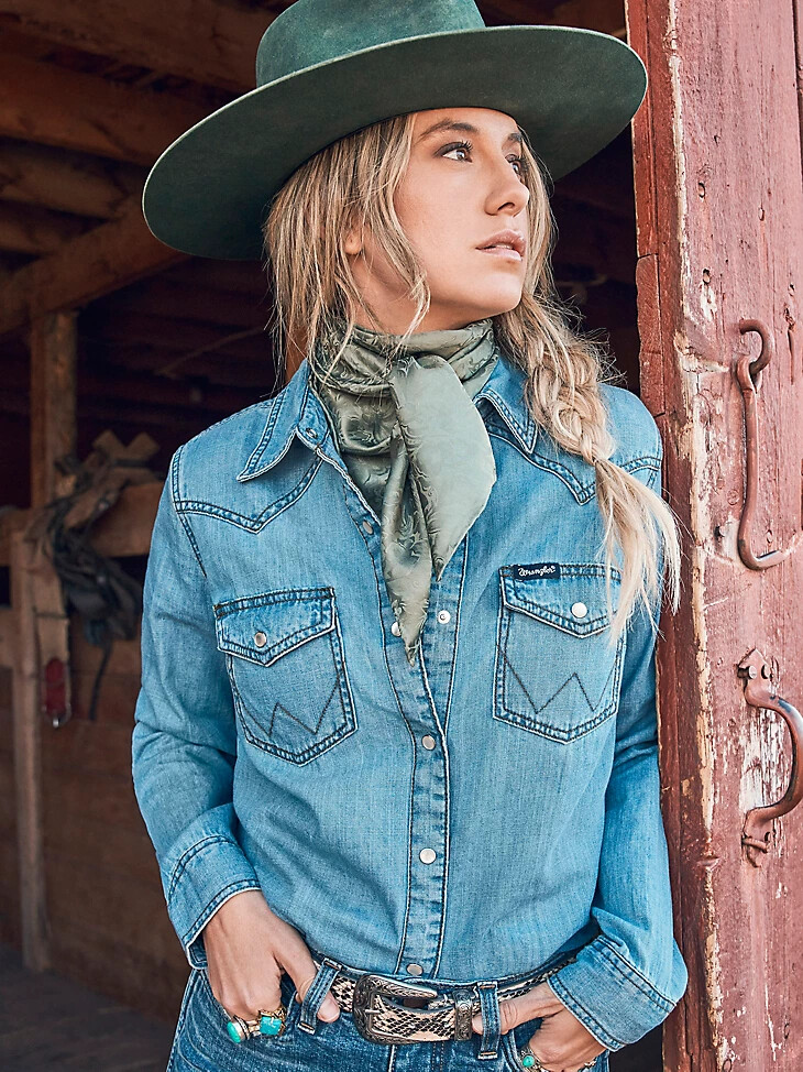 damen langarm western-jeanshemd mit druckknöpfen mittellang denim