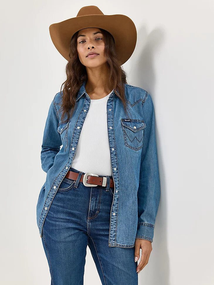 damen langarm western-jeanshemd mit druckknöpfen mittellang denim