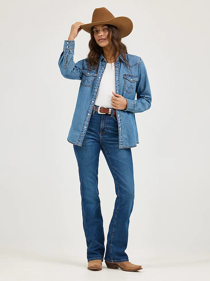 damen langarm western-jeanshemd mit druckknöpfen mittellang denim