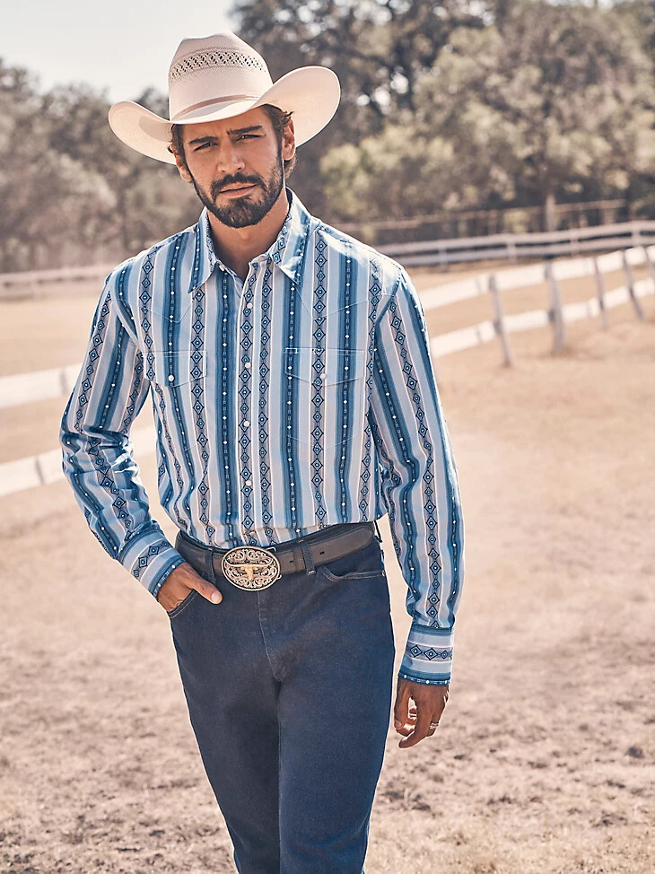 checotah herren-langarmhemd im westernstil mit druckknöpfen und print flussblau