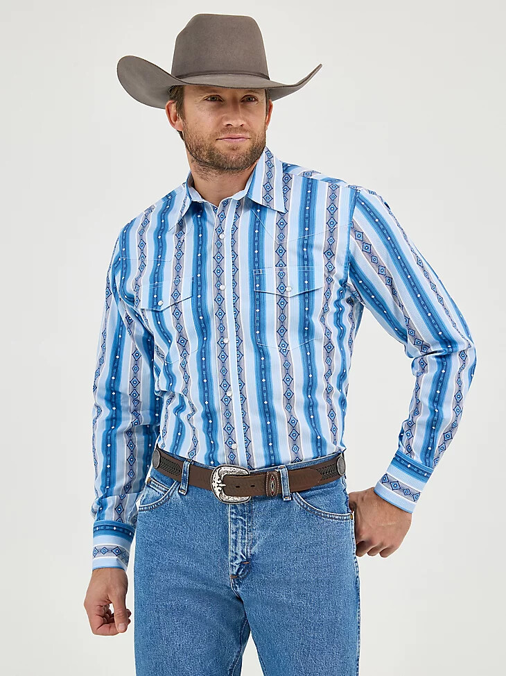 checotah herren-langarmhemd im westernstil mit druckknöpfen und print flussblau