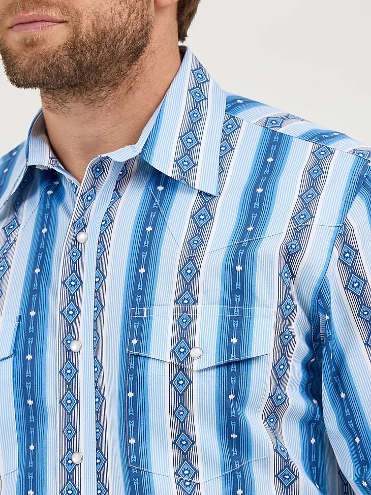 checotah herren-langarmhemd im westernstil mit druckknöpfen und print flussblau