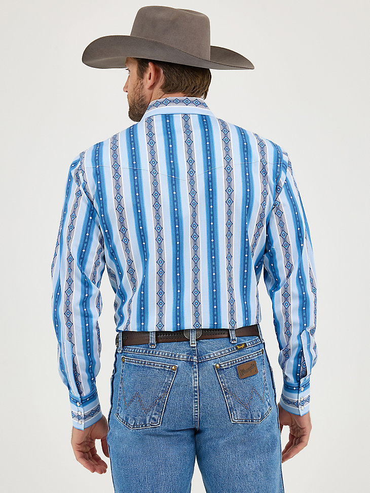 checotah herren-langarmhemd im westernstil mit druckknöpfen und print flussblau