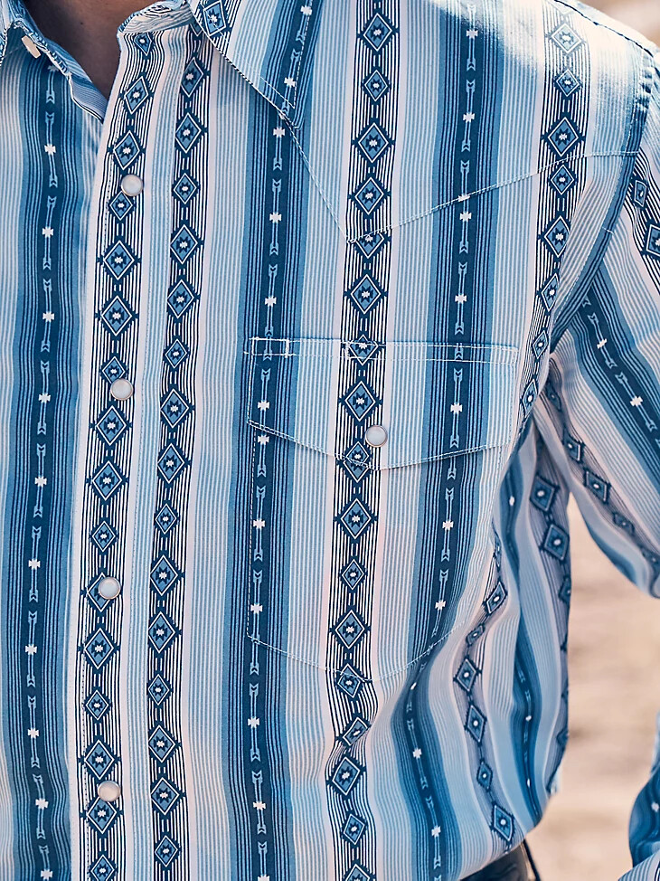 checotah herren-langarmhemd im westernstil mit druckknöpfen und print flussblau