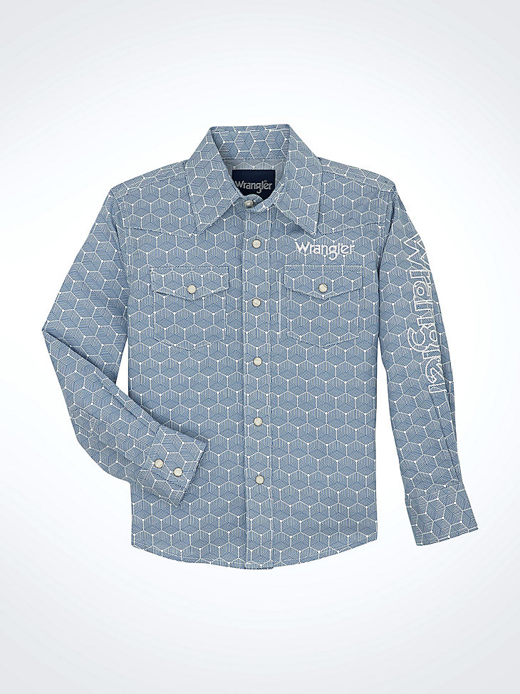 wrangler logo langarm-westernhemd mit druckknöpfen für jungen stahlblaue sechsecke