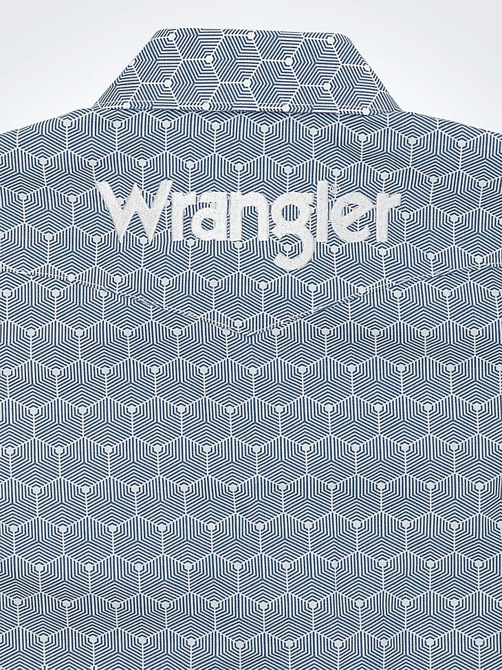 wrangler logo langarm-westernhemd mit druckknöpfen für jungen stahlblaue sechsecke