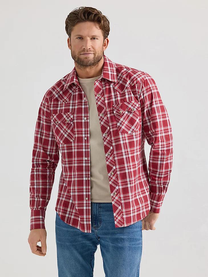 wrangler retro herren langarm-westernhemd mit sägezahnmuster druckknopftasche und tasche scarlett