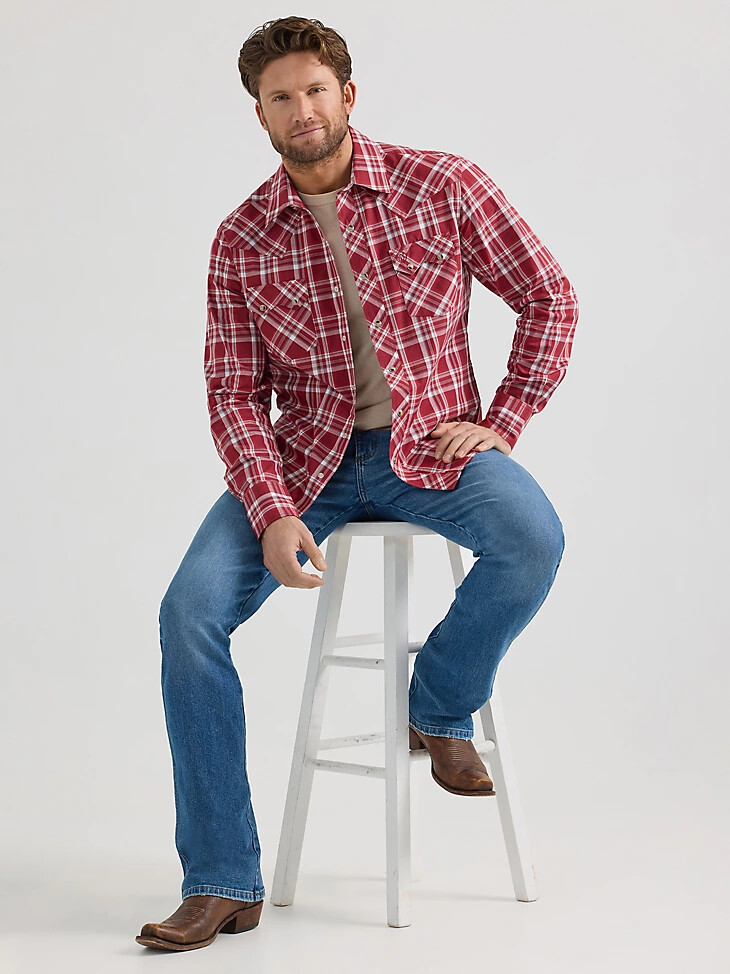 wrangler retro herren langarm-westernhemd mit sägezahnmuster druckknopftasche und tasche scarlett