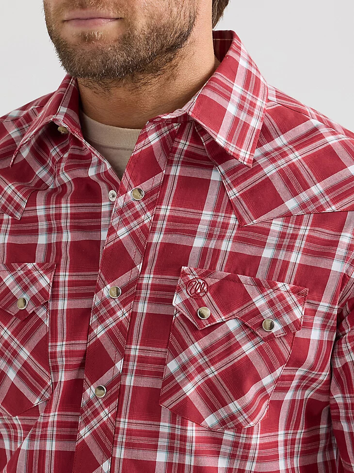 wrangler retro herren langarm-westernhemd mit sägezahnmuster druckknopftasche und tasche scarlett