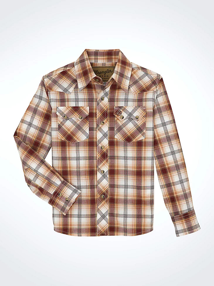 wrangler retro westernhemd für jungen mit druckknöpfen kariert mit sägezahntaschen vorne klassisches braun