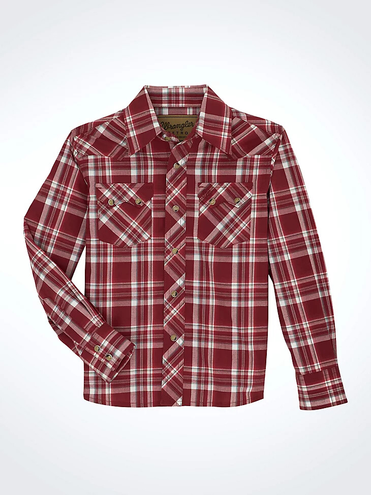 wrangler retro westernhemd für jungen mit druckknöpfen kariert mit sägezahntaschen vorne farbe scarlett