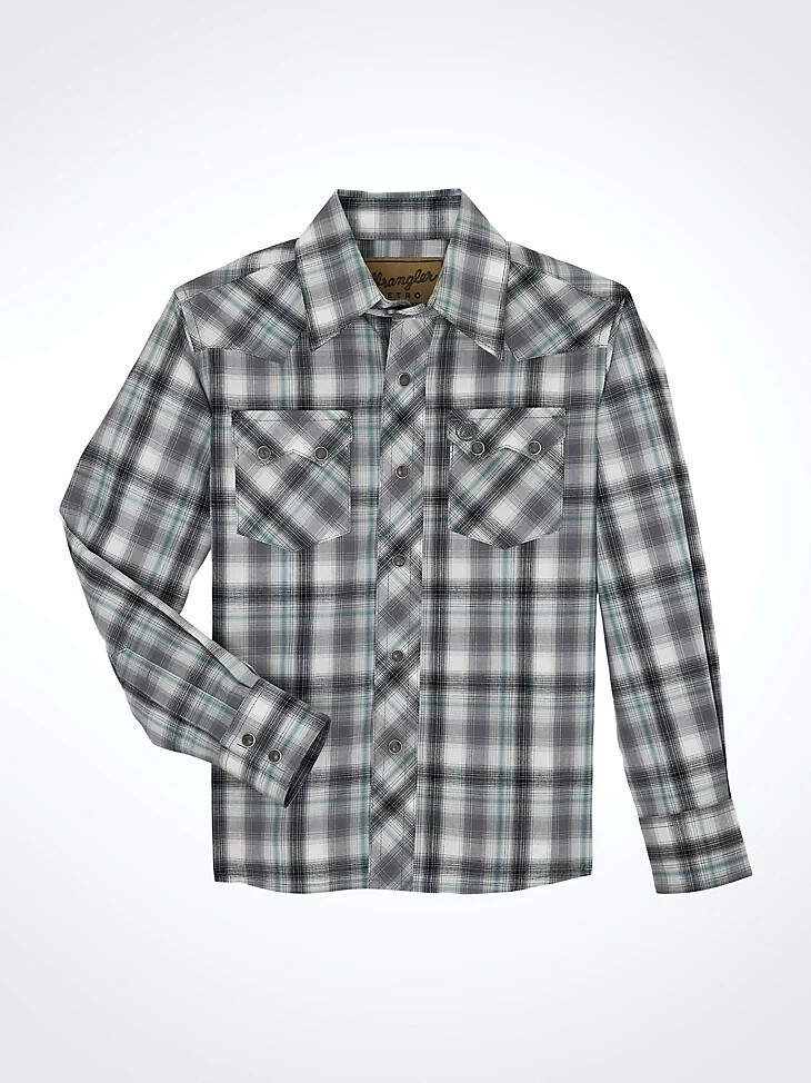 wrangler retro westernhemd für jungen mit druckknöpfen kariert mit sägezahntaschen vorne rauchgrau
