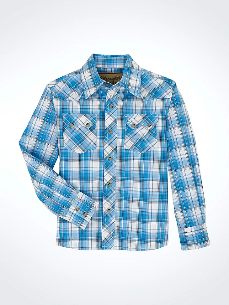 wrangler retro westernhemd für jungen mit druckknöpfen kariertem karomuster und sägezahntaschen vorne farbe lark blue