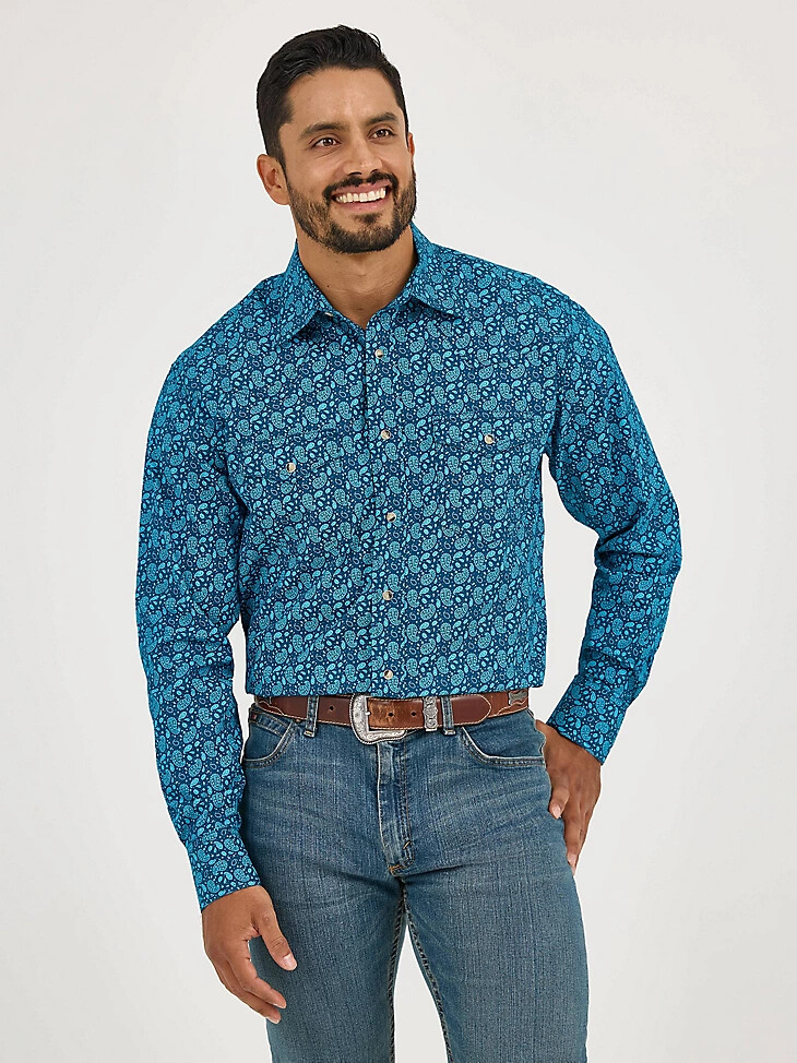 20x competition advanced comfort langarm-westernhemd mit zwei taschen und druckknöpfen für herren paisley-türkis