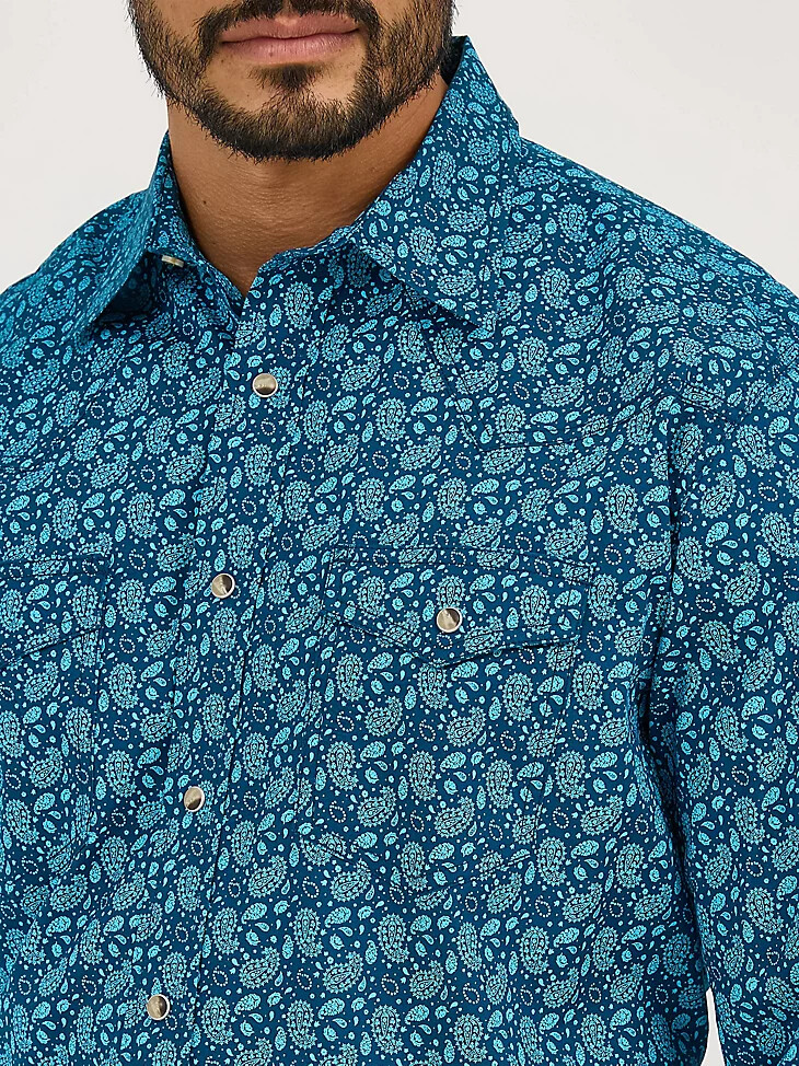 20x competition advanced comfort langarm-westernhemd mit zwei taschen und druckknöpfen für herren paisley-türkis