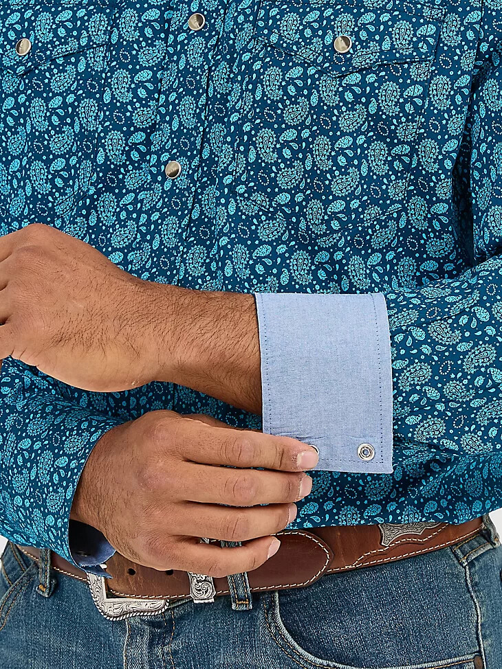 20x competition advanced comfort langarm-westernhemd mit zwei taschen und druckknöpfen für herren paisley-türkis