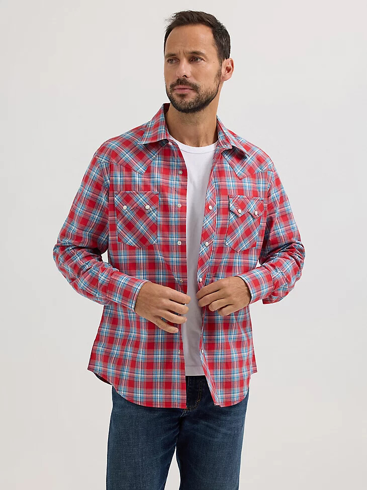 wrangler retro herren langarm-westernhemd mit sägezahnmuster druckknopftasche und kirschrot