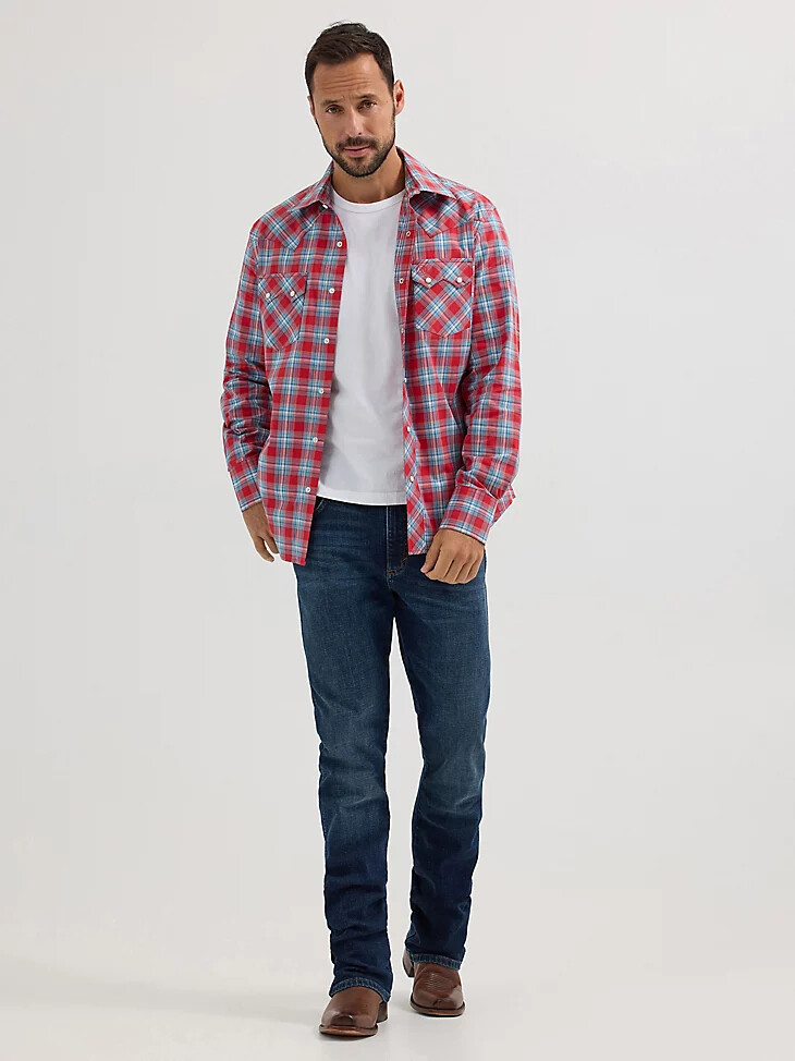 wrangler retro herren langarm-westernhemd mit sägezahnmuster druckknopftasche und kirschrot