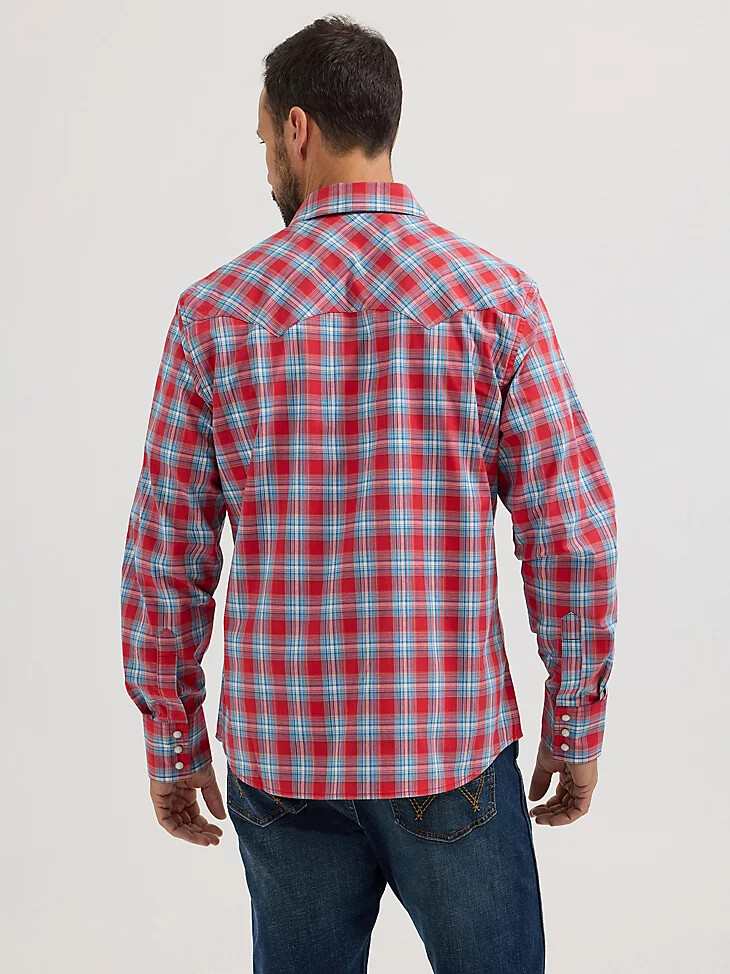 wrangler retro herren langarm-westernhemd mit sägezahnmuster druckknopftasche und kirschrot
