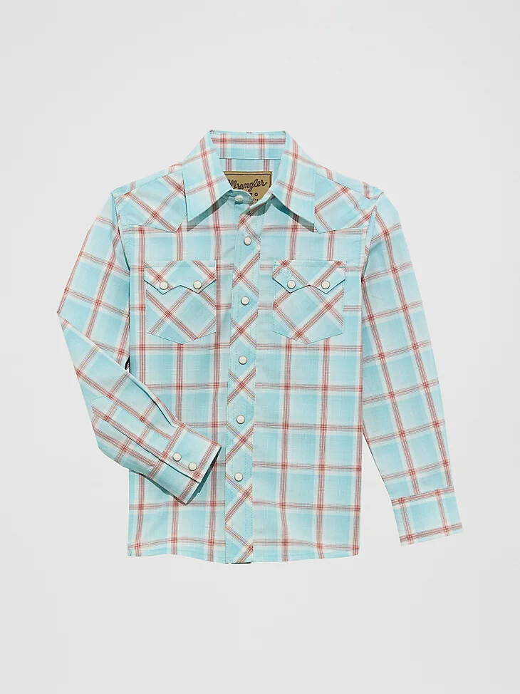 wrangler retro westernhemd für jungen mit druckknöpfen kariertem muster und sägezahntaschen vorne farbe eisiges meer