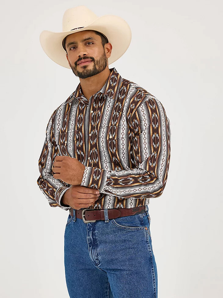checotah herren langarm westernhemd mit druckknöpfen und brauner kette