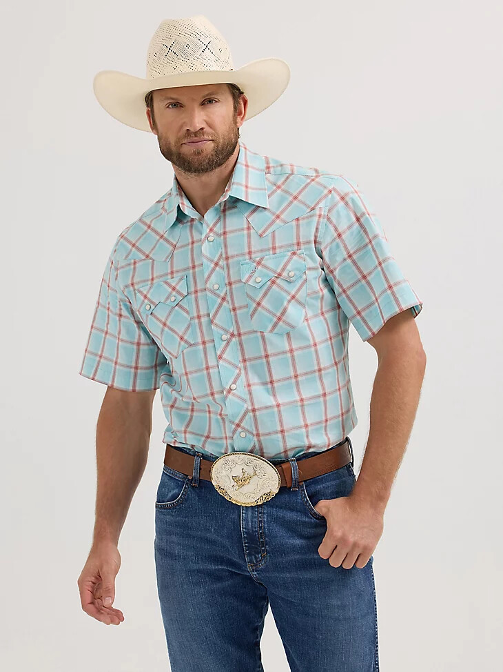 wrangler retro kurzarm-westernhemd mit sägezahntaschen und druckknöpfen für herren farbe icy sea