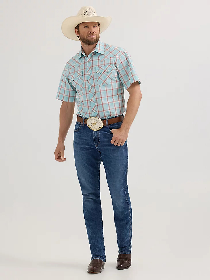 wrangler retro kurzarm-westernhemd mit sägezahntaschen und druckknöpfen für herren farbe icy sea