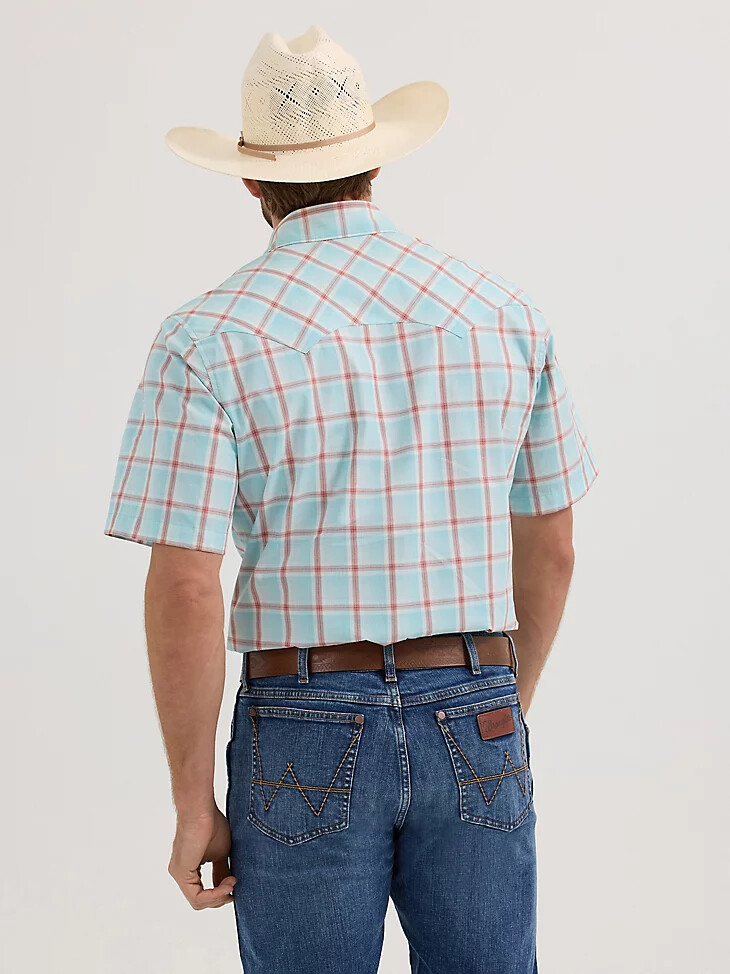 wrangler retro kurzarm-westernhemd mit sägezahntaschen und druckknöpfen für herren farbe icy sea