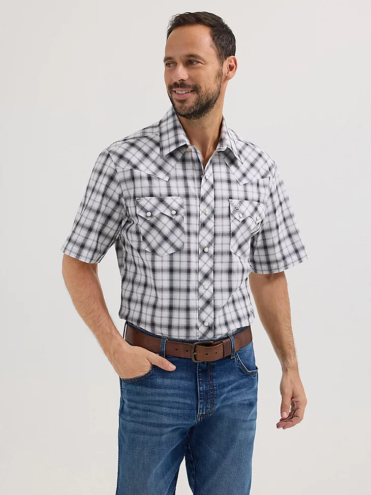 wrangler retro kurzarm-westernhemd mit sägezahn-tasche und druckknöpfen für herren orca