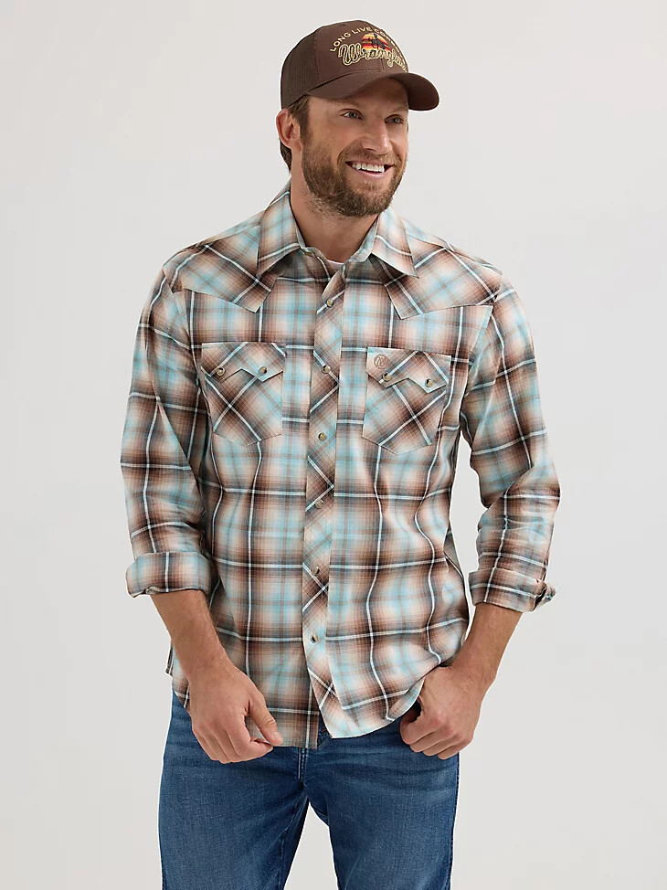 wrangler retro herren langarm-westernhemd mit sägezahnmuster druckknopftaschen und tannin-karo