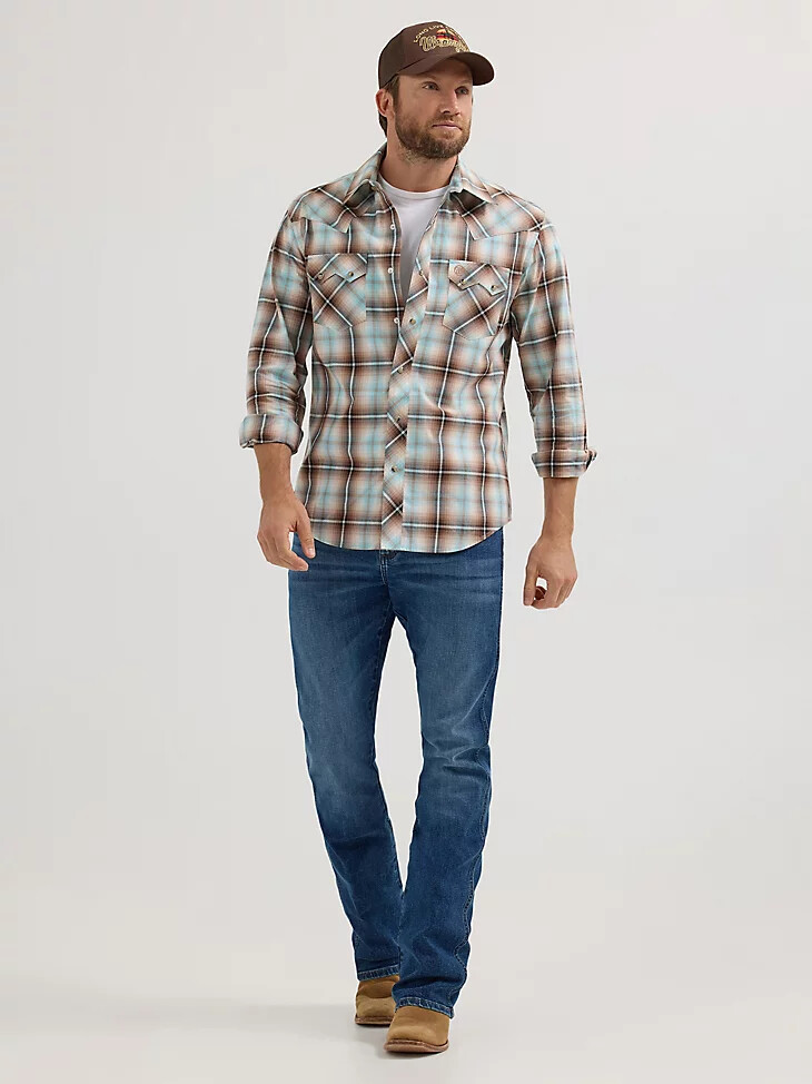 wrangler retro herren langarm-westernhemd mit sägezahnmuster druckknopftaschen und tannin-karo