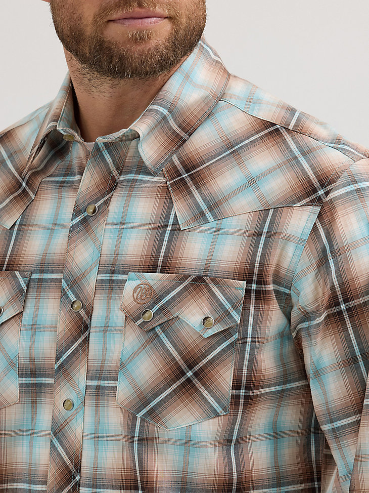 wrangler retro herren langarm-westernhemd mit sägezahnmuster druckknopftaschen und tannin-karo