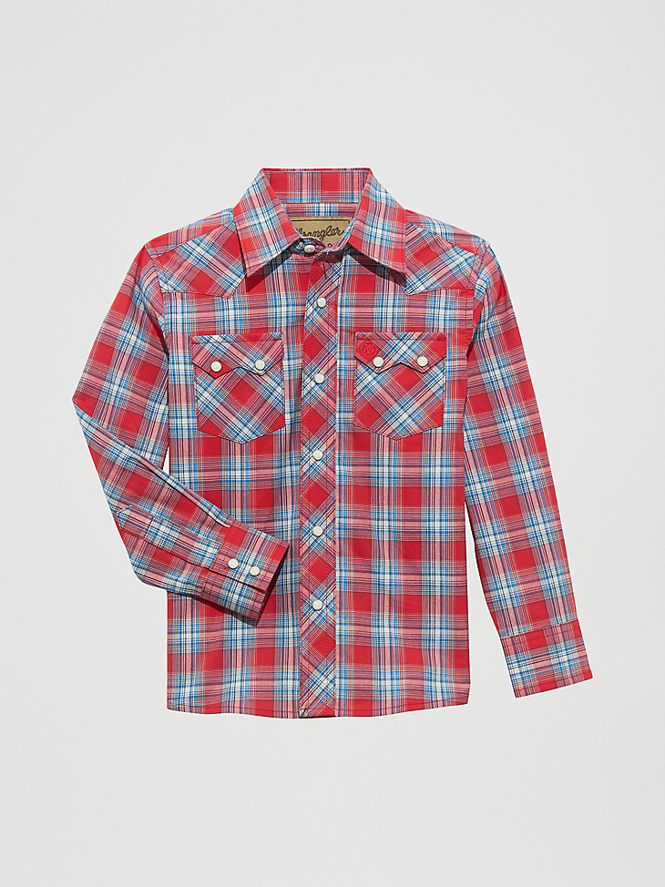 wrangler retro westernhemd für jungen mit druckknöpfen kariert mit sägezahntaschen vorne kirschrot