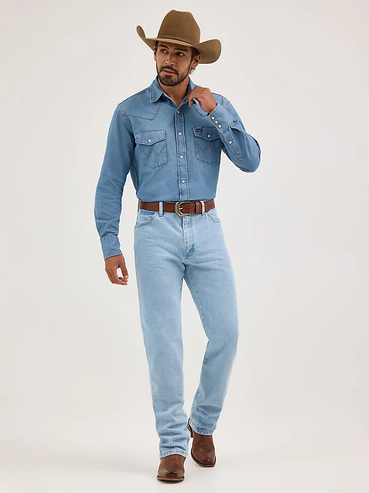 cowboy cut langarm-arbeitshemd aus western-denim mit druckknöpfen stonewash