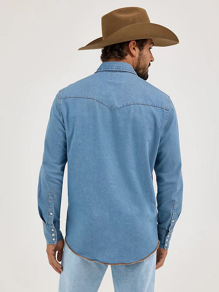 cowboy cut langarm-arbeitshemd aus western-denim mit druckknöpfen stonewash