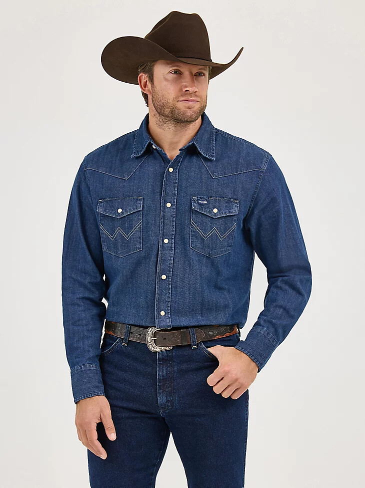 cowboy cut langarm-western-arbeitshemd aus denim mit druckknöpfen dunkelblau