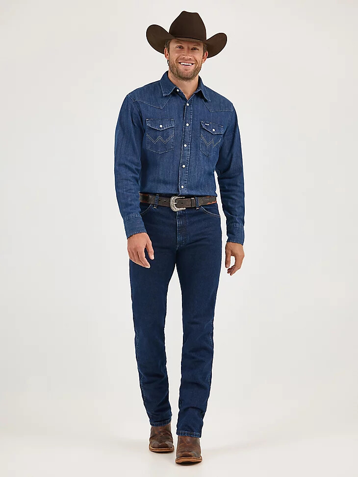 cowboy cut langarm-western-arbeitshemd aus denim mit druckknöpfen dunkelblau
