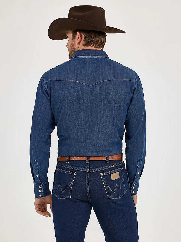 cowboy cut langarm-western-arbeitshemd aus denim mit druckknöpfen dunkelblau