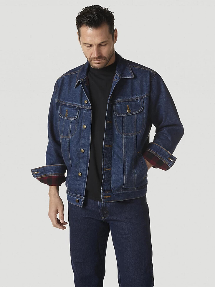 wrangler rugged wear jeansjacke mit flanellfutter antikblau