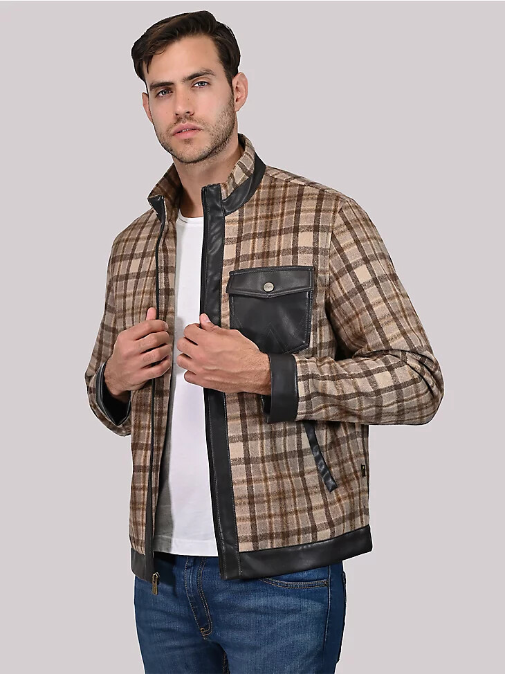 herren-jacke aus kunstwolle mit karomuster beige