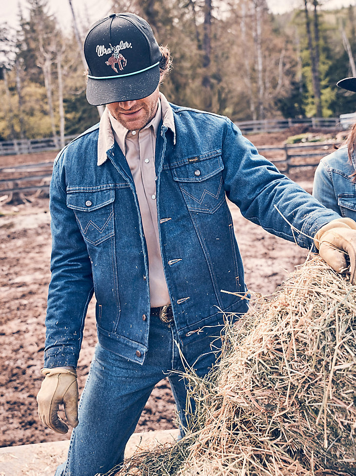 wrangler herren-jeansjacke mit cordkragen gefüttert mit einer decke vorgewaschenes indigo