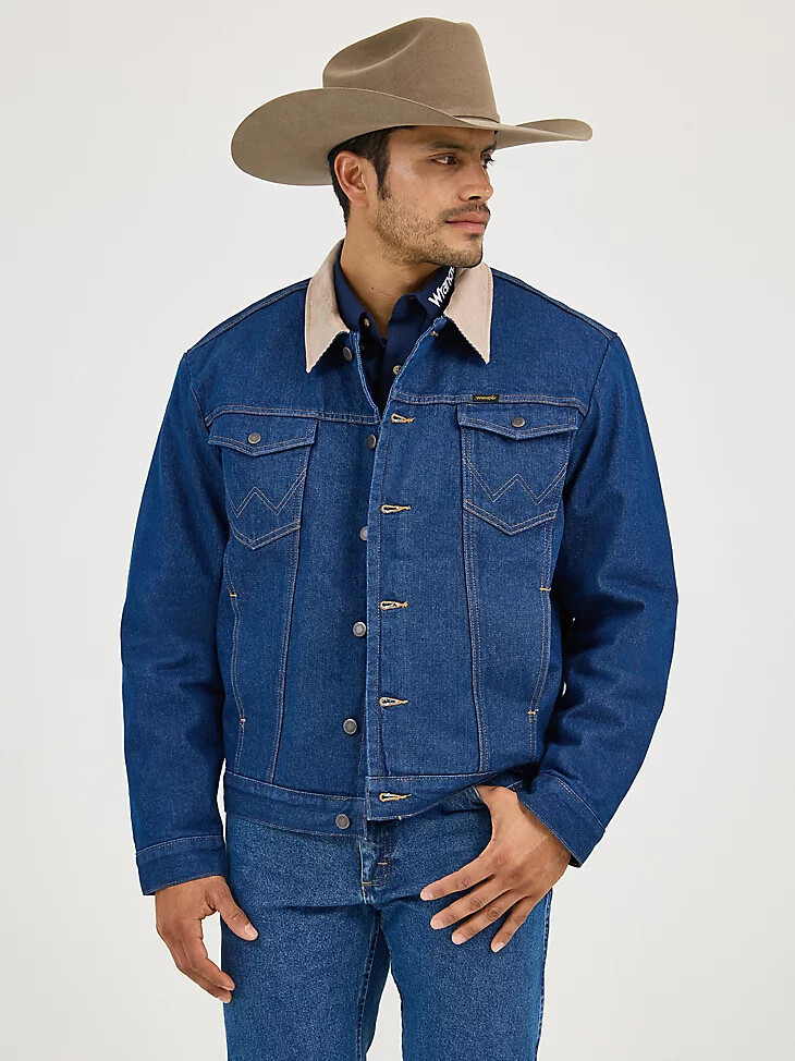 wrangler herren-jeansjacke mit cordkragen gefüttert mit einer decke vorgewaschenes indigo