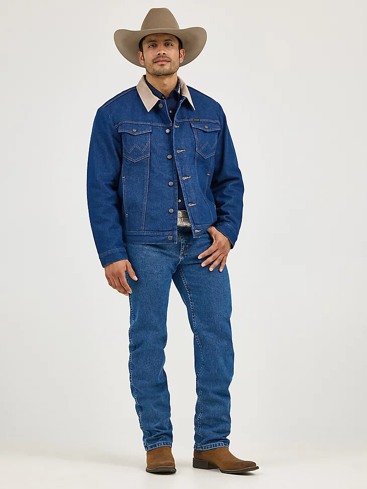 wrangler herren-jeansjacke mit cordkragen gefüttert mit einer decke vorgewaschenes indigo