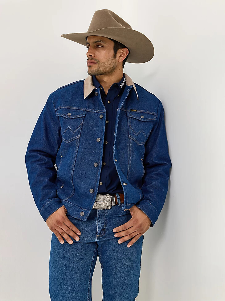 wrangler herren-jeansjacke mit cordkragen gefüttert mit einer decke vorgewaschenes indigo