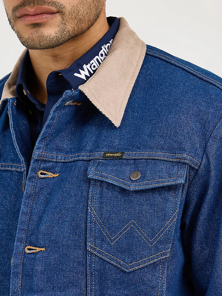 wrangler herren-jeansjacke mit cordkragen gefüttert mit einer decke vorgewaschenes indigo