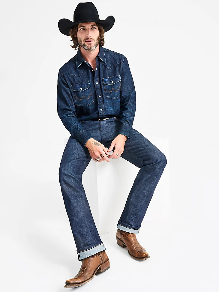 wrangler retro slim fit straight selvedge stretch jeans raw indigo