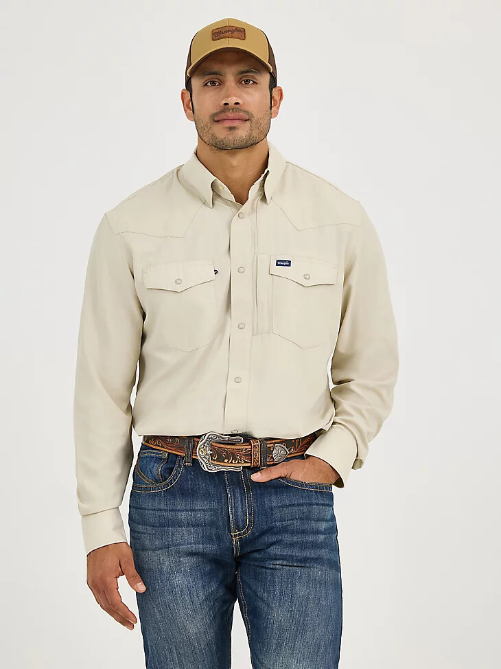 wrangler performance snap langarmhemd für herren einfarbig Überbewölkt