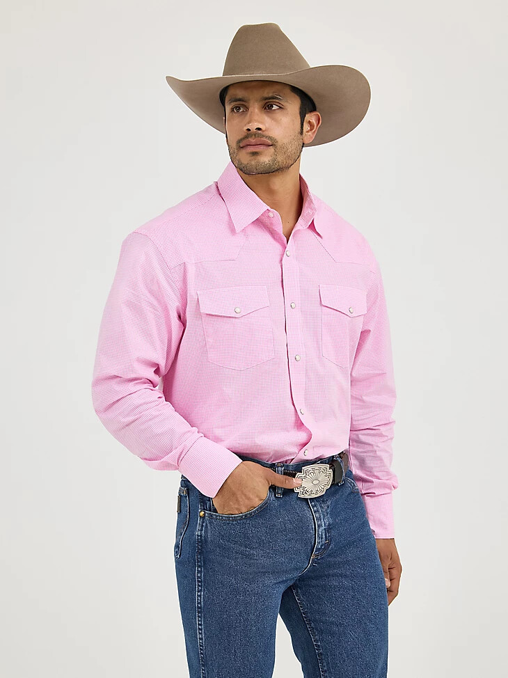 wrangler westernhemd mit druckknöpfen für herren modell „bucking cancer fuchsia pink